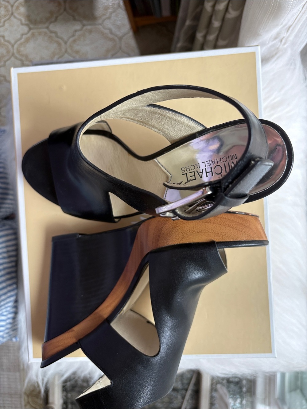 Michael Kors - Josephine Black Leather Platform Wedge with Wood-Tone Block Heel